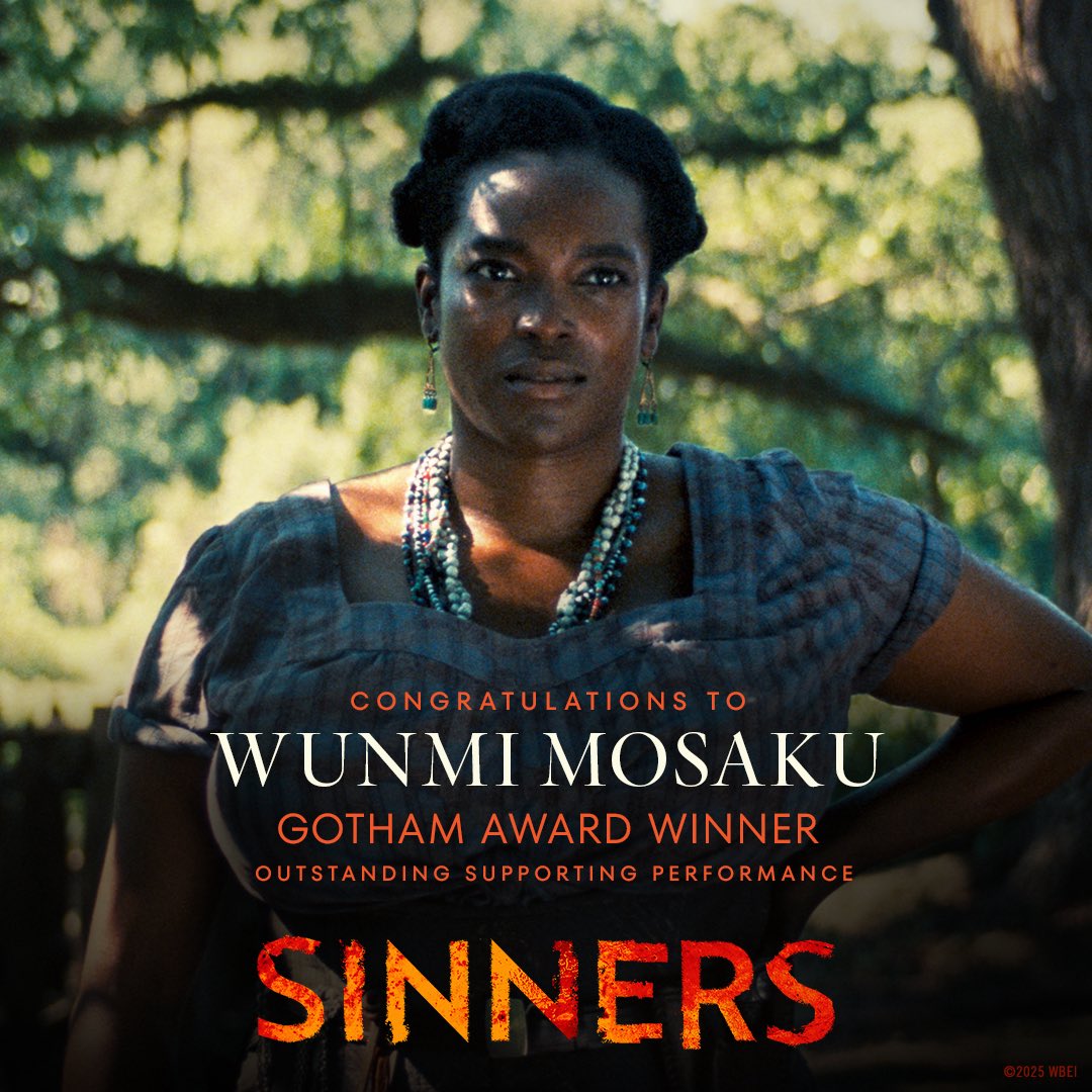 SinnersMovie's tweet image. Congratulations to Sinners actress Wunmi Mosaku as she has been awarded &quot;Outstanding Supporting Performance&quot; for her performance as Annie at the 2025 Gotham Awards!

@weare_thegotham | #TheGothams2025