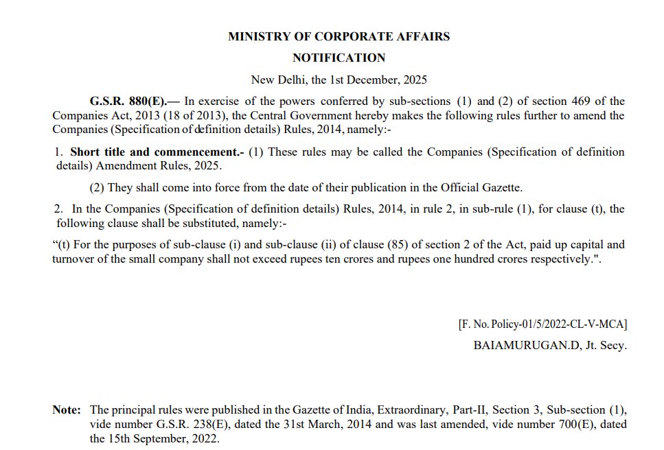 taxologyin's tweet image. Definition of “Small Companies” under the Companies Act, 2013 has, now, been further revised. 

Paid up capital and Turnover of the small company shall not exceed ₹10 crore and ₹100 crore respectively

Earlier threshold was not “exceeding ₹4 crore” for Paid up capital &amp;amp; “not…