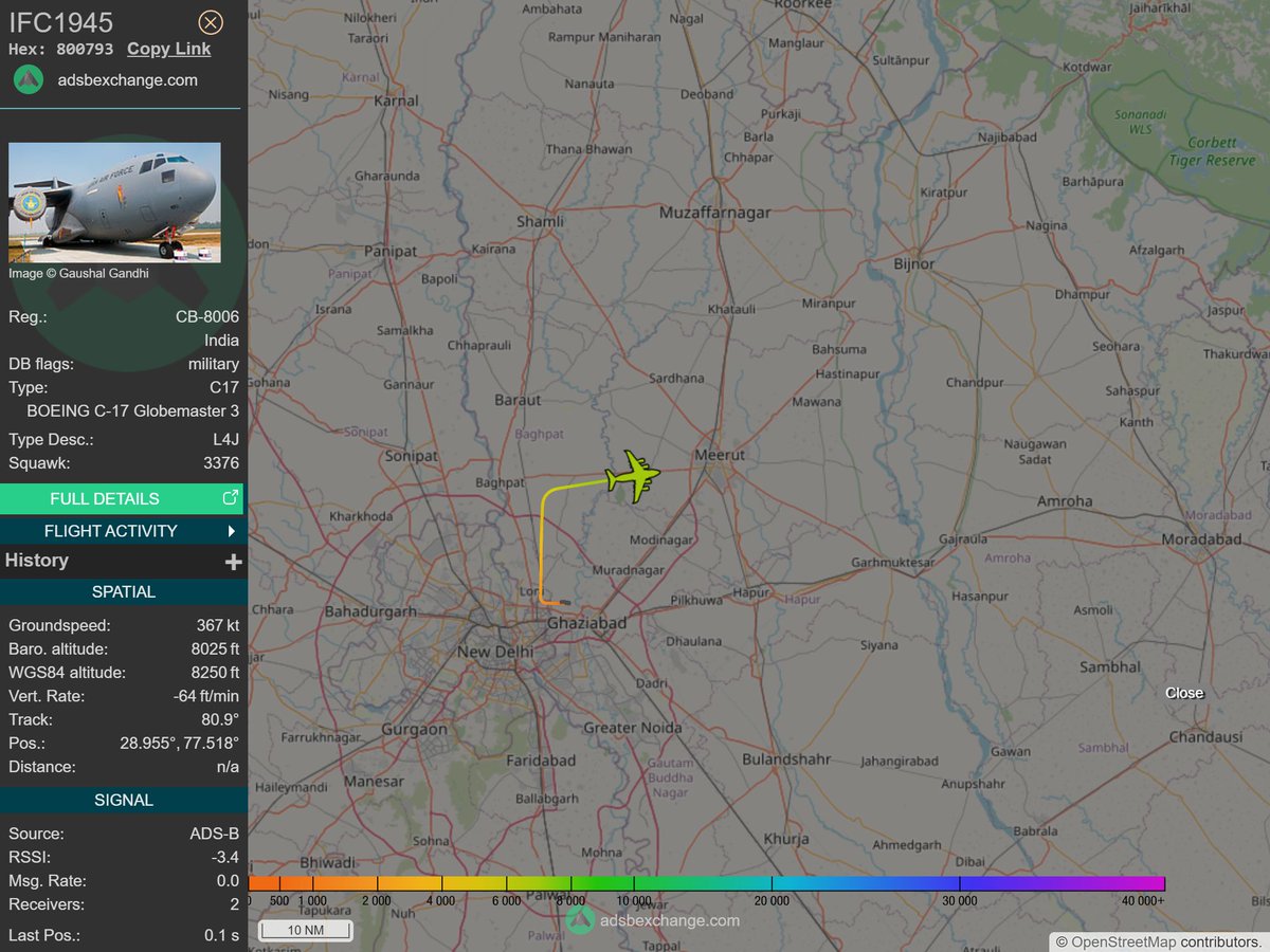 IntelskyB's tweet image. 🇮🇳 ✈️ India Air Force - BOEING C-17 Globemaster 3 (800793, CB-8006) IFC1945 was spotted over 🇮🇳 Meerut - India.
🔴 Live tracking:
1-global.adsbexchange.com/?icao=800793
2-flightradar24.com/800793
3-airnavradar.com/mode-s/800793
#OSINT #SIGINT #ADSB