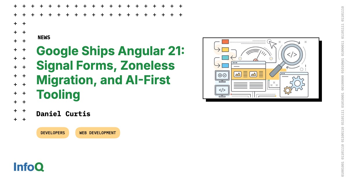 InfoQ's tweet image. Angular 21 is here!

Google’s framework for building large-scale web applications just got a major update: 
⇨ Advanced reactivity
⇨ Simplified change detection migration
⇨ AI-driven developer tooling

Learn more: bit.ly/44HMqsa

#InfoQ #AngularJS #WebDevelopment