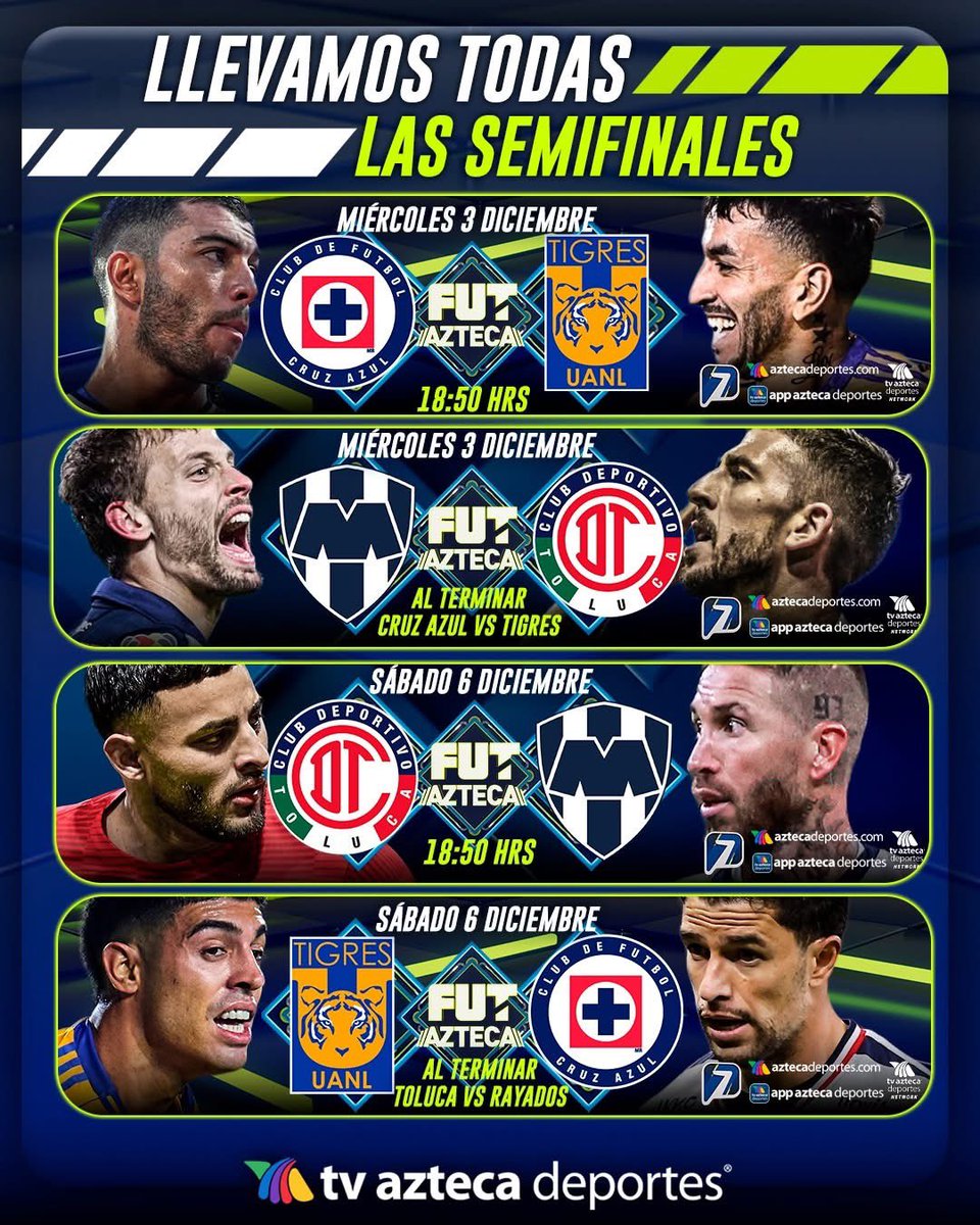 AgendaDeport22's tweet image. Oficial 
Los 4 partidos de las Semifinales de la #LigaBBVAMx iran por #Azteca7 y #AztecaDeportesNetwork 
Más opciones para para poder ver a los 4 mejores de este torneo
#AgendaDeportiva