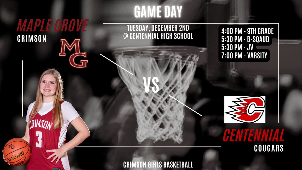 MGGirlshoops's tweet image. It's Game Day!! Crimson Girls Hoops travel to Centennial High School to take on the Cougars!! 

Come on out and support the squad!! #CrimsonFamily

4:00pm - 9th Grade
5:30pm - B-Squad
5:30pm - JV
7:00pm - Varsity

Purchase your tickets on GoFan app or website.