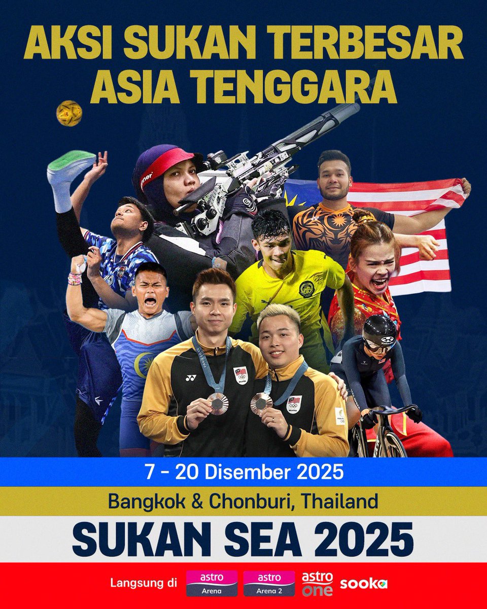 Yesss 🇲🇾 RTM, TVS, Astro Arena nanti akan siarkan liputan langsung 🇹🇭 Sukan SEA 2025! 

🗓️ 9-20 Disember 2025

RTM: rtmklik.rtm.gov.my
TVS: tvsarawak.my
Sooka: sooka.my/channel/Astro-…

#SukanSEA2025 #SEAGames2025 #Bangkok2025