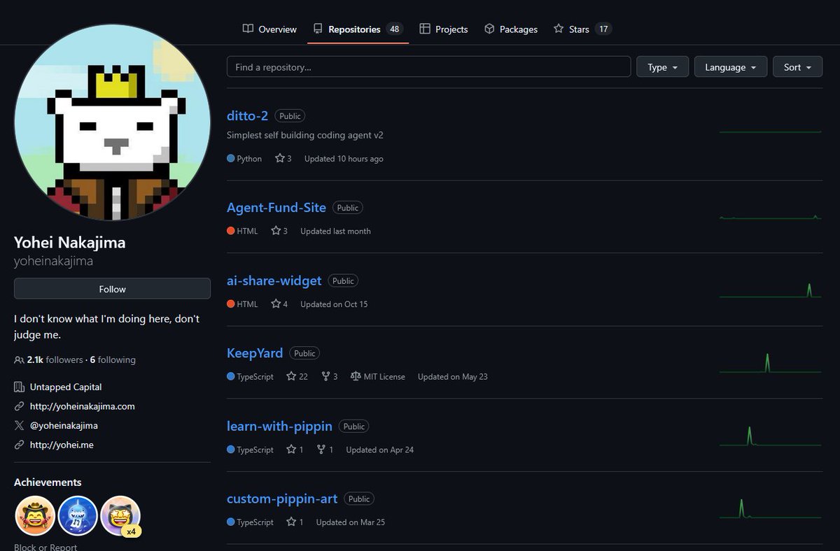 Something's coming.

Yohei has a new project in his github called "ditto-2".

Gee, do you think it has anything to do with the coin?

Check for yourself.

I know people fake githubs all the time. Here's Yohei providing his github link.
x.com/yoheinakajima/…