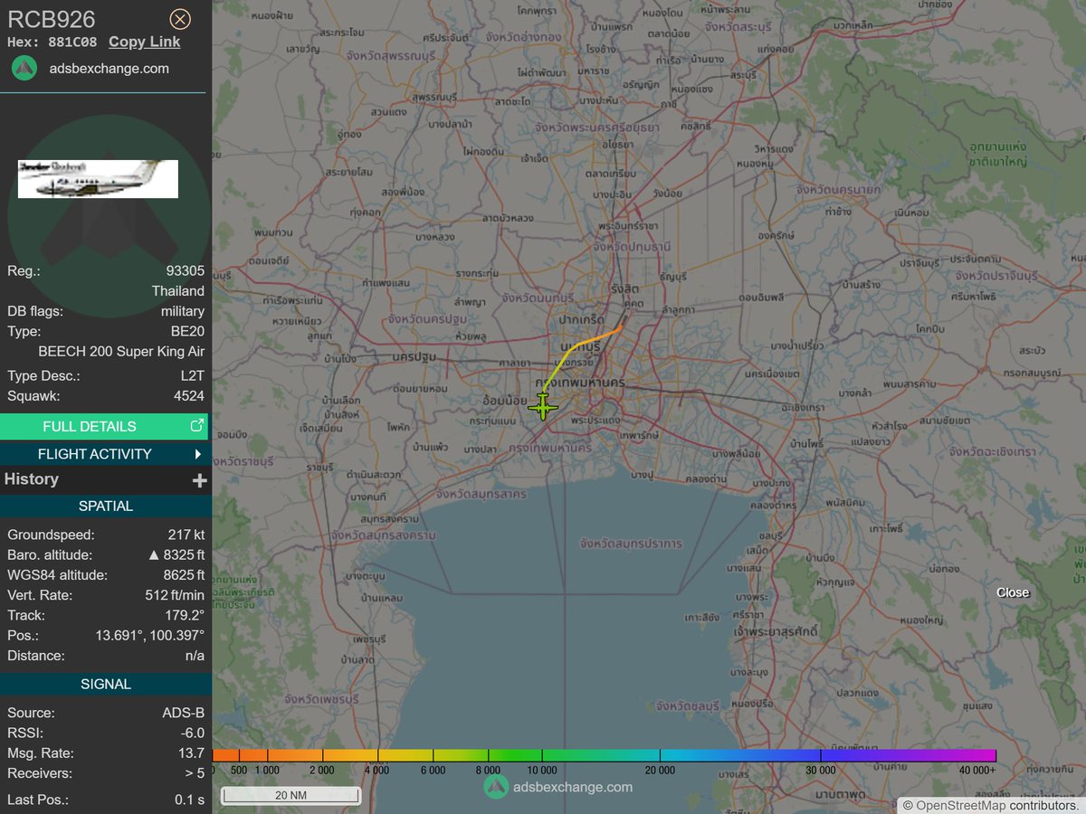IntelskyB's tweet image. 🇹🇭 ✈️ Thailand Air Force - BEECH 200 Super King Air (881C08, 93305) RCB926 was spotted over 🇹🇭 Sai Mai - Thailand.
🔴 Live tracking:
1-global.adsbexchange.com/?icao=881C08
2-flightradar24.com/881C08
3-airnavradar.com/mode-s/881C08
#OSINT #SIGINT #ADSB