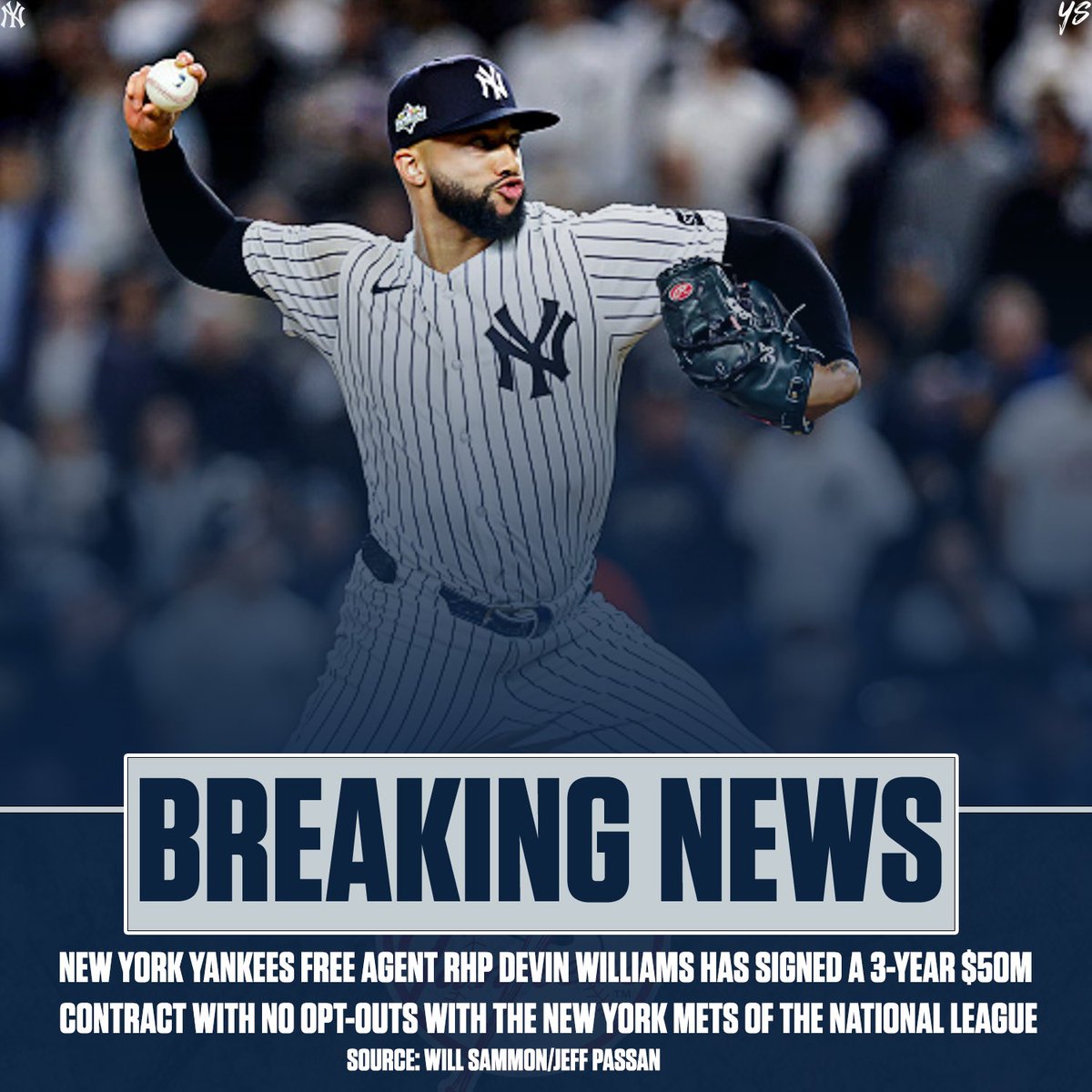 yankee_source's tweet image. New York Yankees free agent RHP Devin Williams has signed a 3-year $50M contract with no opt-outs with the New York Mets of the National League.

Best of luck on the other side of New York, Devin! @DTrainn_23 

#DevinWilliams #RepBX #LGM
