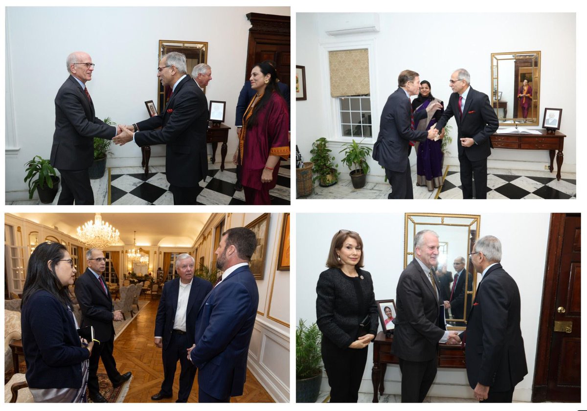 Honoured to host 
Senators <a href="/LindseyGrahamSC/">Lindsey Graham</a> <a href="/SenBlumenthal/">Richard Blumenthal</a>, <a href="/SenWhitehouse/">Sheldon Whitehouse</a> , <a href="/SenPeterWelch/">Senator Peter Welch</a> , <a href="/SenDanSullivan/">Sen. Dan Sullivan</a> and <a href="/SenMullin/">Markwayne Mullin</a> this  evening at the India House.

Had fruitful conversations on the 🇮🇳 -🇺🇸 partnership from energy and defence cooperation to trade and important global