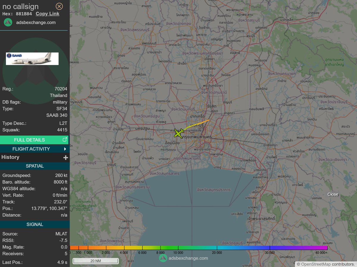 IntelskyB's tweet image. 🇹🇭 ✈️ Thailand Air Force - SAAB 340 (881B84, 70204) N/A was spotted over 🇹🇭 Sai Mai - Thailand.
🔴 Live tracking:
1-global.adsbexchange.com/?icao=881B84
2-flightradar24.com/881B84
3-airnavradar.com/mode-s/881B84
#OSINT #SIGINT #ADSB