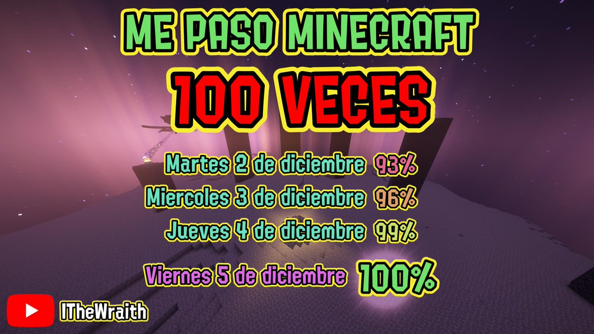 ¡Estamos en la recta final!  A partir de mañana, haré stream durante 4 días seguidos terminando el reto de pasarme Minecraft 100 veces.

¡Este reto lo llevo haciendo desde hace 9 meses, así que no se pierdan del gran final!

youtube.com/@ithewraith