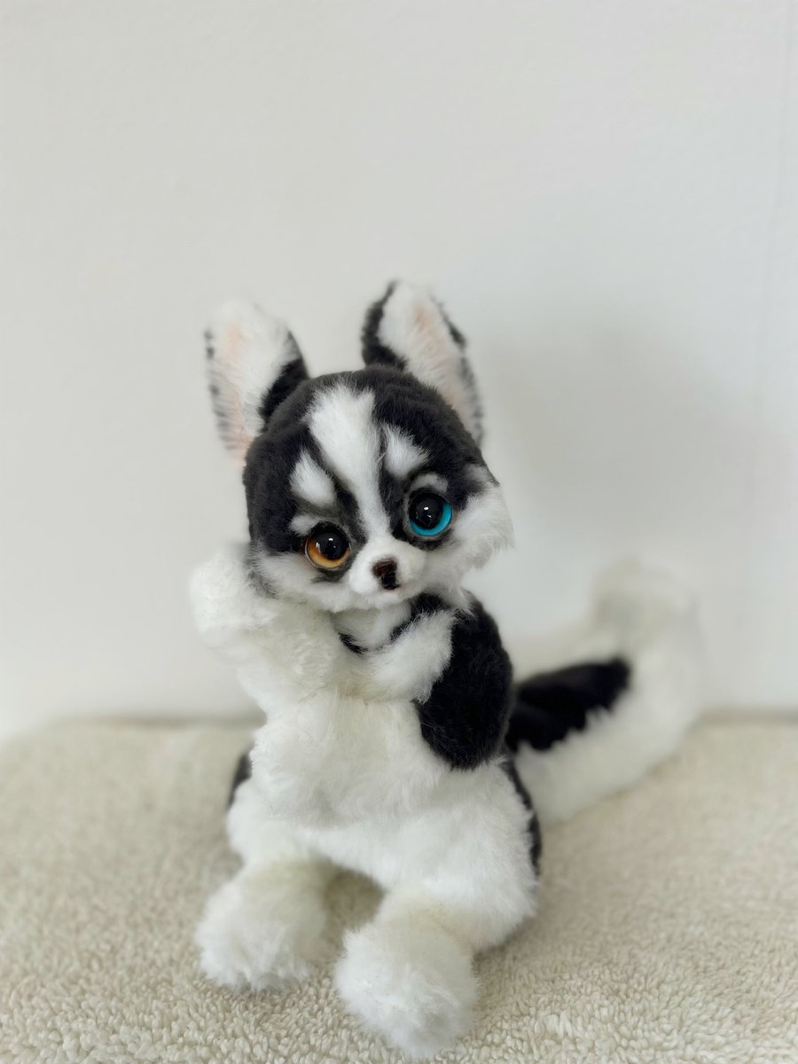 LArtDoll's tweet image. 学校ではクールな無口キャラを貫きたい🕶️✨ でもスマホの通知音にめっっちゃビビるタイプ💦 ドジなのにイケメンすぎてみんな好きになるやつ💙❄️✨ #ArtDoll
#Handmade #アートドール
#ぬいぐるみ　#ハスキー