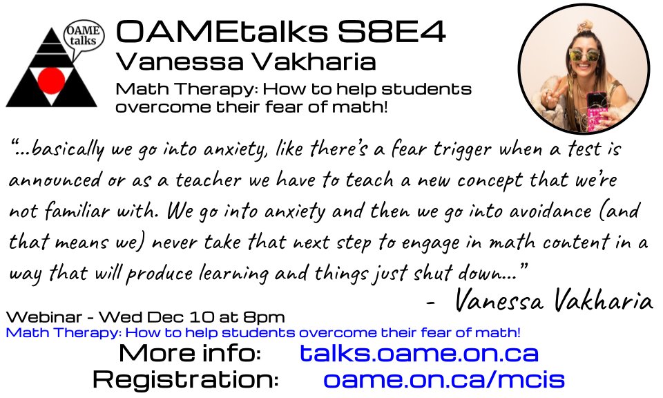 OAMEtalks's tweet image. [New Podcast] This episode features @TheMathGuru 
previewing their Dec 10th @OAMEcounts members only webinar &quot;Math Therapy: How to help students overcome their fear of math!&quot;. More info:      

talks.oame.on.ca/season-8 

#MathChat #MTBoS #iTeachMath