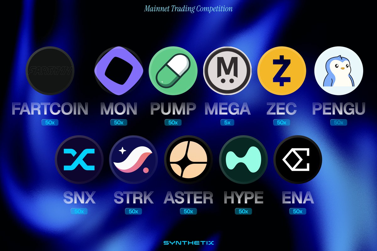 Season 2 of the Synthetix Mainnet trading competition features a total of 33 markets for competitors to trade ⚔️

Participants can trade the following 11 assets with up to 50X leverage (except MEGA pre-market) 💹

Best of luck to all Season 2 competitors!