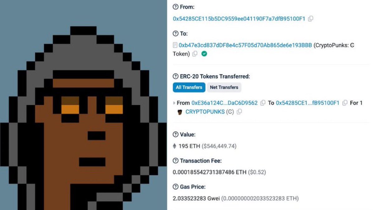 195 ETHでCryptoPunk #1925が転送されたことを示すEtherscanのスクリーンショット