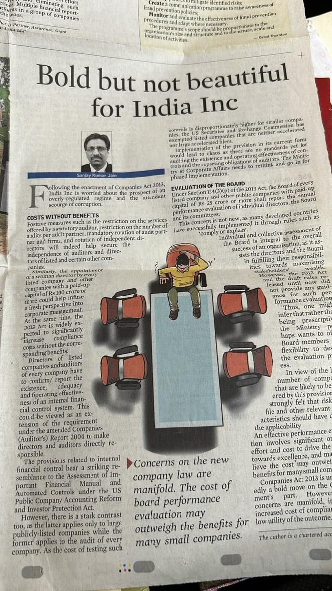 Another one- inc of small company threshold to Rs 100 crores means no need to obtain CARO or SOX like Internal Controls attestation for small companies (something we have advocated for long at #GTBharat- see my colleagues article). The US has an exemption under Rs 10,000 crores.
