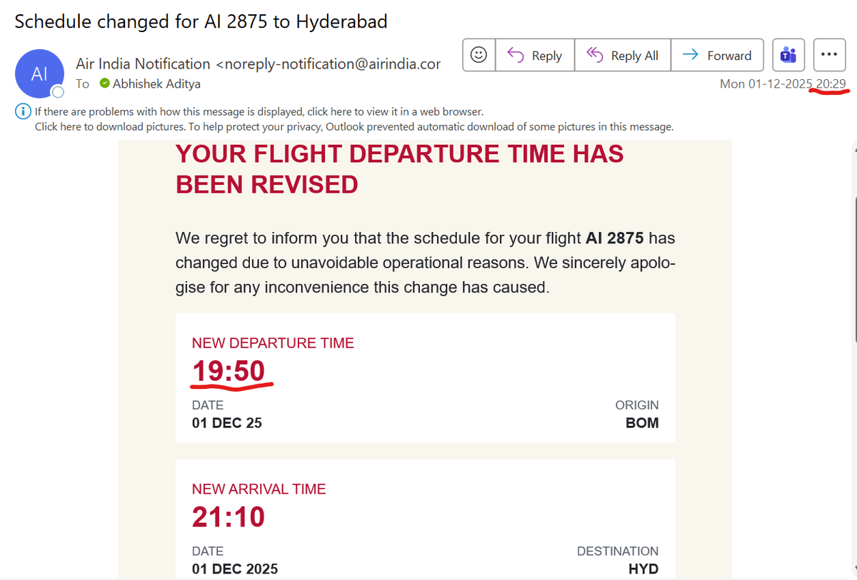 aditya2day's tweet photo. @airindia, plz help me understand how this mail &amp; phone text were useful or in any way helped the passenger, given that the original flight was scheduled for 7:25 PM, rescheduled to 7:50 PM, and the update was sent to the passenger only at 8:29 PM. #AirIndia #delayeddeparture https://t.co/vWWT8VPklI
