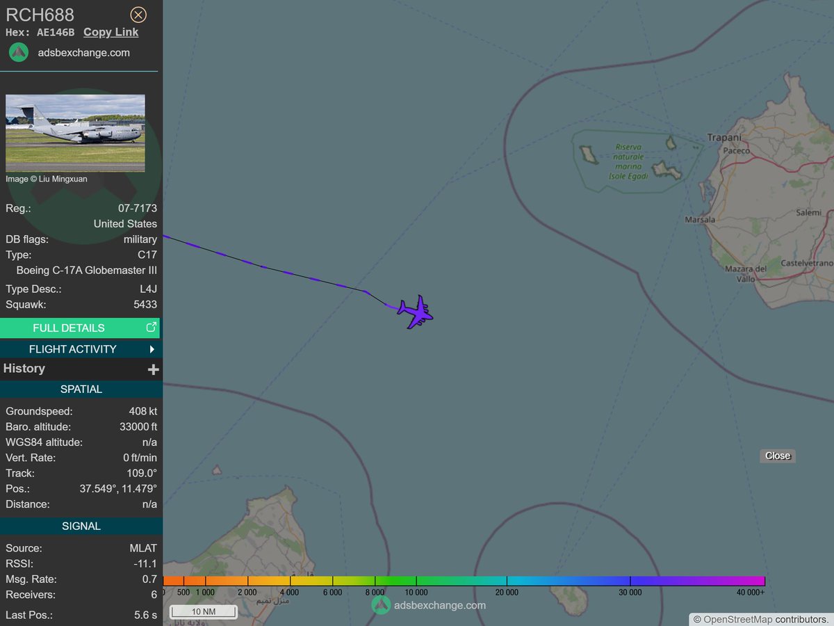 IntelskyB's tweet image. 🇺🇸 ✈️ United States Air Force - Boeing C-17A Globemaster III (AE146B, 07-7173) RCH688 was spotted over Mediterranean Sea.
🔴 Live tracking:
1-global.adsbexchange.com/?icao=AE146B
2-flightradar24.com/AE146B
3-airnavradar.com/mode-s/AE146B
#OSINT #SIGINT #ADSB
