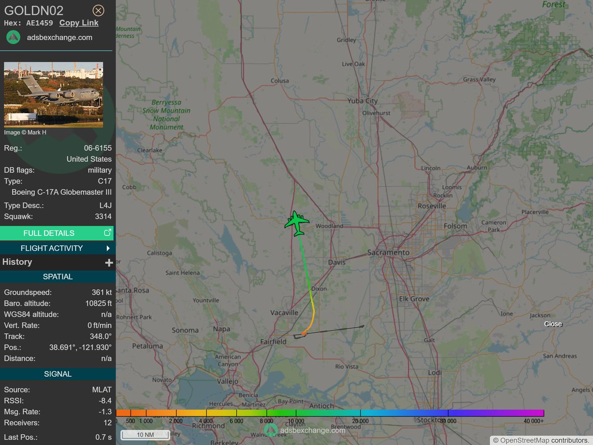 IntelskyB's tweet image. 🇺🇸 ✈️ United States Air Force - Boeing C-17A Globemaster III (AE1459, 06-6155) GOLDN02 was spotted over 🇺🇸 Yolo County - United States.
🔴 Live tracking:
1-global.adsbexchange.com/?icao=AE1459
2-flightradar24.com/AE1459
3-airnavradar.com/mode-s/AE1459
#OSINT #SIGINT #ADSB