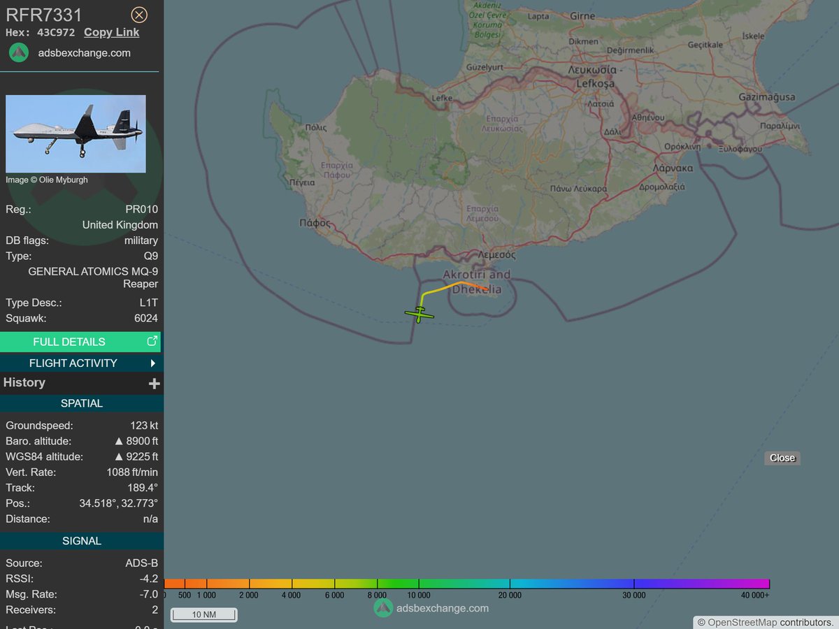 IntelskyB's tweet image. 🇬🇧 ✈️ United Kingdom Air Force - GENERAL ATOMICS MQ-9 Reaper (43C972, PR010) RFR7331 was spotted over 🇨🇾  - Cyprus.
🔴 Live tracking:
1-global.adsbexchange.com/?icao=43C972
2-flightradar24.com/43C972
3-airnavradar.com/mode-s/43C972
#OSINT #SIGINT #ADSB