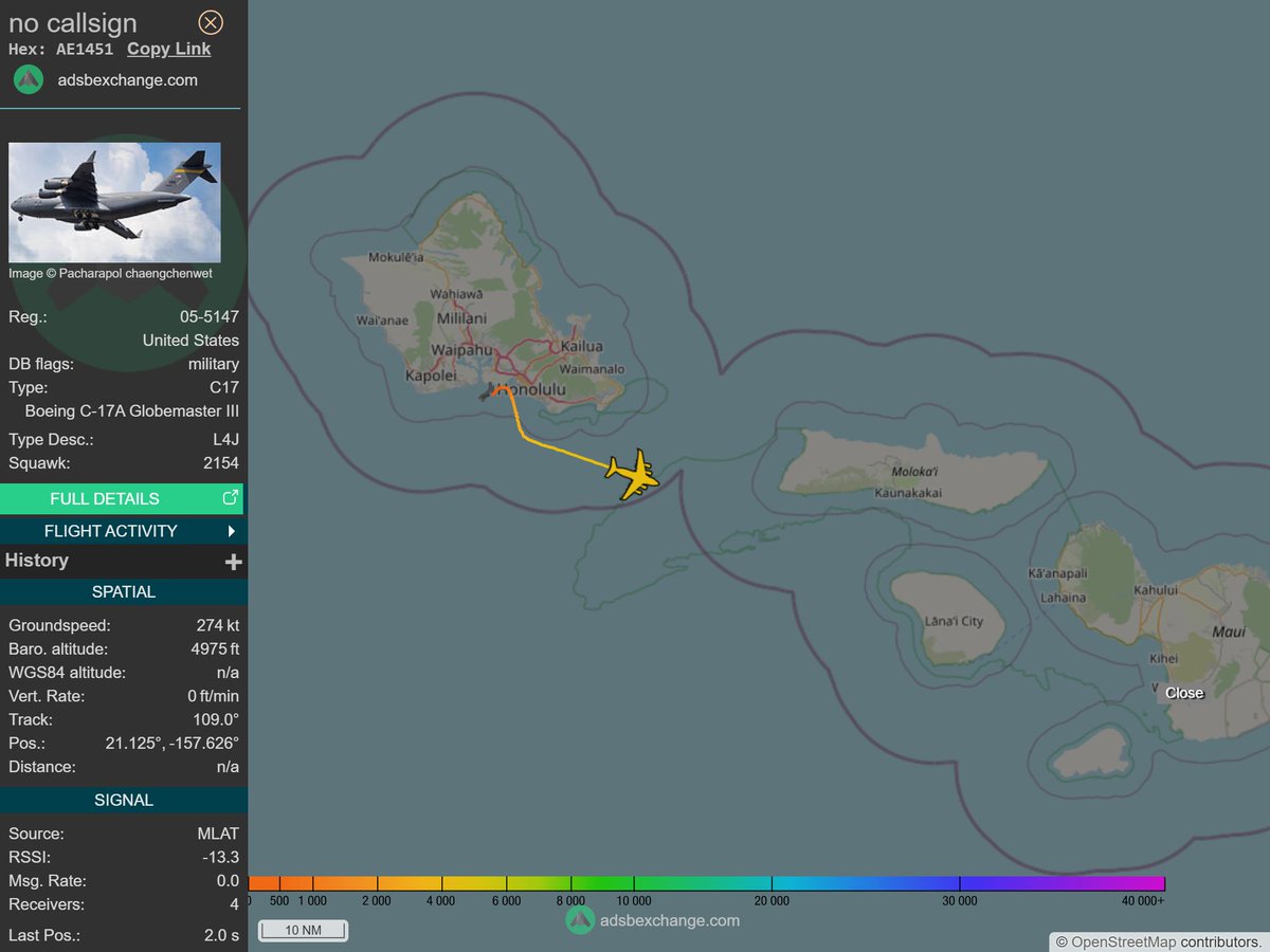 IntelskyB's tweet image. 🇺🇸 ✈️ United States Air Force - Boeing C-17A Globemaster III (AE1451, 05-5147) N/A was spotted over North Pacific Ocean.
🔴 Live tracking:
1-global.adsbexchange.com/?icao=AE1451
2-flightradar24.com/AE1451
3-airnavradar.com/mode-s/AE1451
#OSINT #SIGINT #ADSB