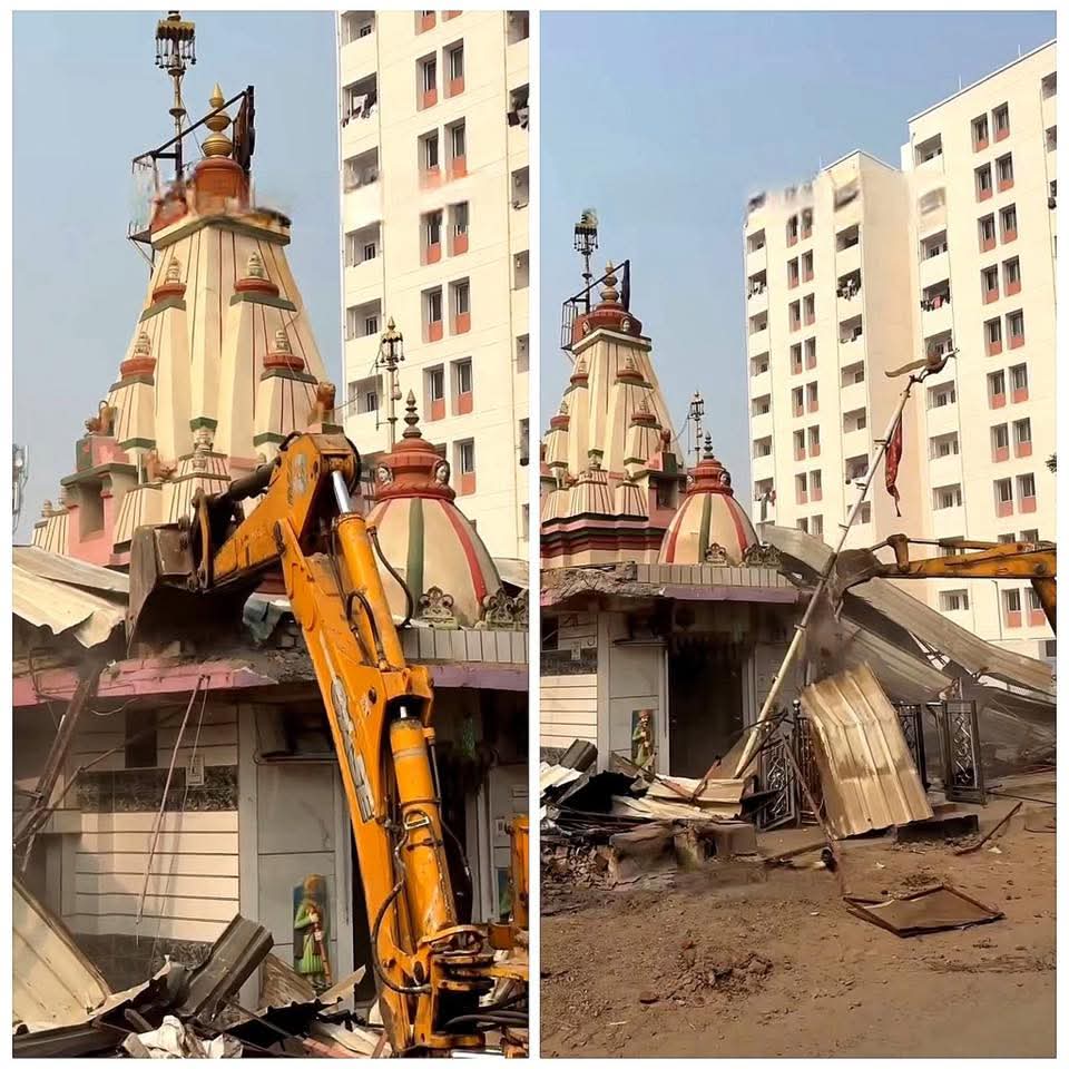 ITSCK47's tweet image. The tall building behind this demolished temple is a RSS office. And it&apos;s alleged that BJP demolished this temple to create Parking space for that RSS office.