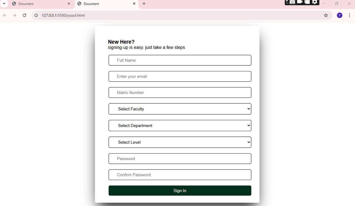Yusufari00's tweet image. Day2✅️ Progress Update – Lecturer Evaluation System 
Built a responsive Sign-Up page today using  HTML, CSS &amp;amp; JS
✅ Validated forms  
✅ Link from Login to App. Portal  
✅ Redirects between Sign In &amp;amp; Sign Up

More updates soon.  
#BuildInPublic #WebDev #JavaScript #Frontend