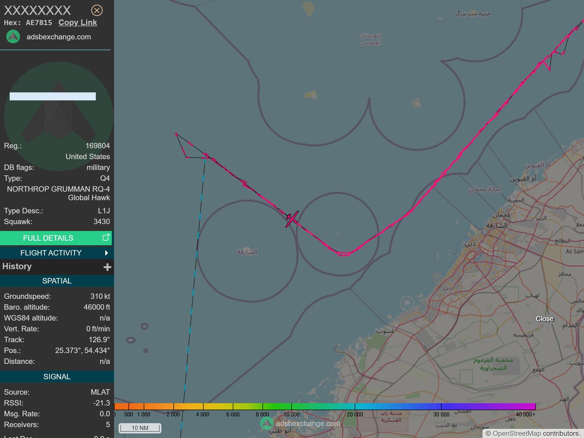 IntelskyB's tweet image. 🇺🇸 ✈️ United States Air Force - NORTHROP GRUMMAN RQ-4 Global Hawk (AE7815, 169804) XXXXXXXX was spotted over Persian Gulf.
🔴 Live tracking:
1-global.adsbexchange.com/?icao=AE7815
2-flightradar24.com/AE7815
3-airnavradar.com/mode-s/AE7815
#OSINT #SIGINT #ADSB