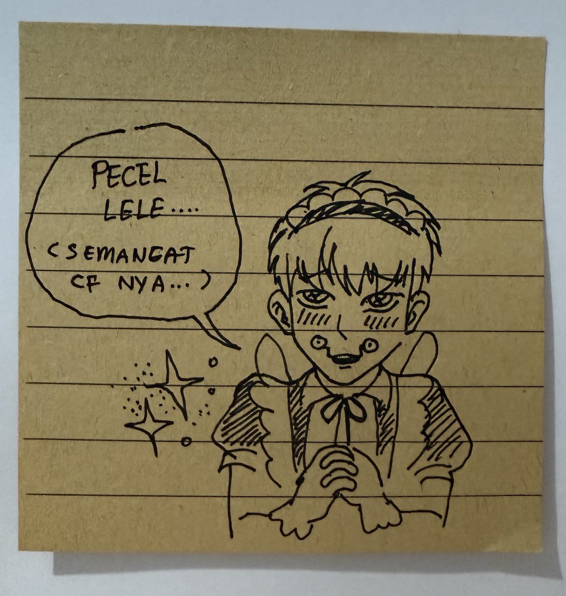 my friend bought my ottoge doujin so they gave me this doodle for free, i was laughing like a maniac because in here toge said pecel lele (indonesian food) instead of onigiri language