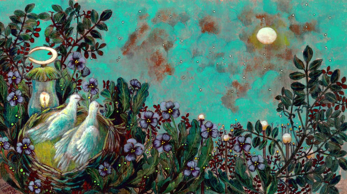 油絵　ゆうみ　ベストフレンド*ヘラジカと鳥 使者たちの夜（