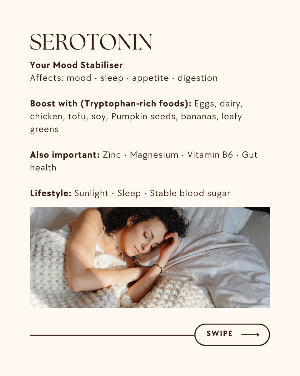 DeeptaNagpal's tweet image. Your “Happy Hormones” Explained and How Food Helps Boost Them Naturally.

Swipe to learn, GABA, serotonin, endorphins and oxytocin all play different roles in mood, sleep, stress, digestion, connection and overall emotional wellbeing.

This carousel breaks down:
- What each…