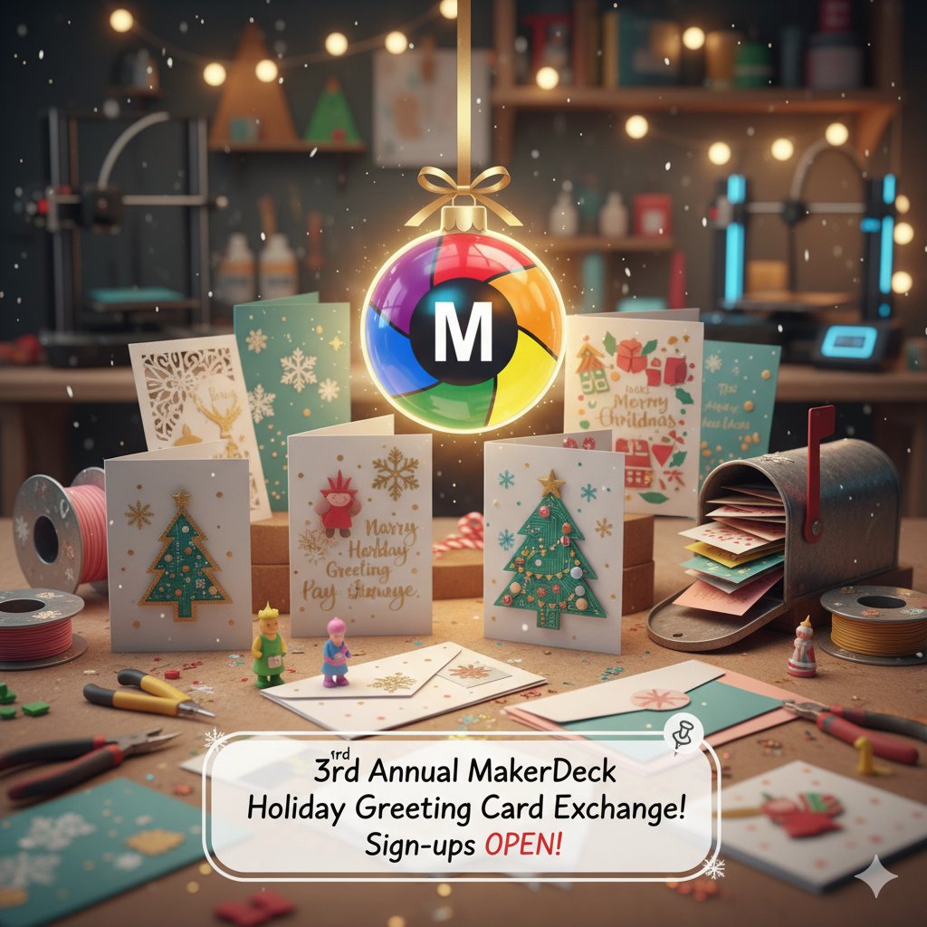 TechJeeper's tweet image. It&apos;s the final day to get signed up for the @MakerDeck Holiday Greeting Card Exchange!  Visit the Discord channel for details!