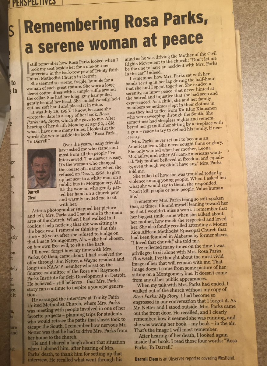 Darrell_Clem's tweet image. Posting a column I wrote when civil rights pioneer Rosa Parks died in 2005.

Today is the 70th anniversary of Mrs. Parks refusing to give up her bus seat to a white man.

I won a Michigan Press Association award for my column.

Treasured memories.
#RosaParks #CivilRights