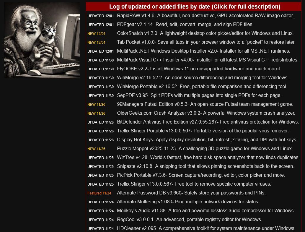 GeekOnTheLoose's tweet image. It&apos;s been five days. Stop gnawing on that turkey. ☠️ 🤢 

Today&apos;s list of free/clean software 
from OlderGeeks.com
No ads - no crapware - no b.s. since 2008! 
Missouri Ozarks, USA

#FreeSoftware  #computers #software