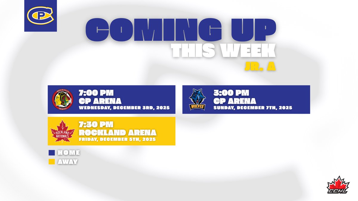 CPCANADIANS's tweet image. WEEK AHEAD!

The Canadians host the Brockville Braves on Wednesday night before heading to Rockland on Friday. They return home on Sunday afternoon to rematch the Renfrew Wolves.

🔵🟡🔵
#CPC