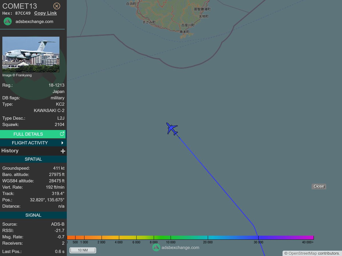 IntelskyB's tweet image. 🇯🇵 ✈️ Japan Air Force - KAWASAKI C-2 (87CC49, 18-1213) COMET13 was spotted over Philippine Sea.
🔴 Live tracking:
1-global.adsbexchange.com/?icao=87CC49
2-flightradar24.com/87CC49
3-airnavradar.com/mode-s/87CC49
#OSINT #SIGINT #ADSB