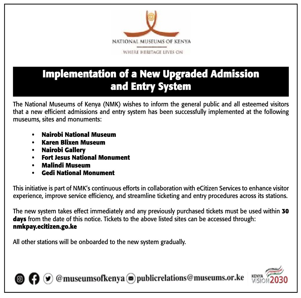 New entry system at <a href="/museumsofkenya/">National Museums of Kenya</a>'s stations of 

Nairobi Museum
Karen Blixen
<a href="/nairobigallery/">The Nairobi Gallery</a> 
Fort Jesus 
Gedi National Monument 
Malindi Musem