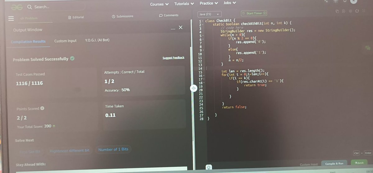 RohitKamble255's tweet photo. Explored the CheckKthBit problem today—simple, clean logic and a perfect refresher on bitwise operations. #DSA #Programming #BitMagic https://t.co/uSFM4srDYE