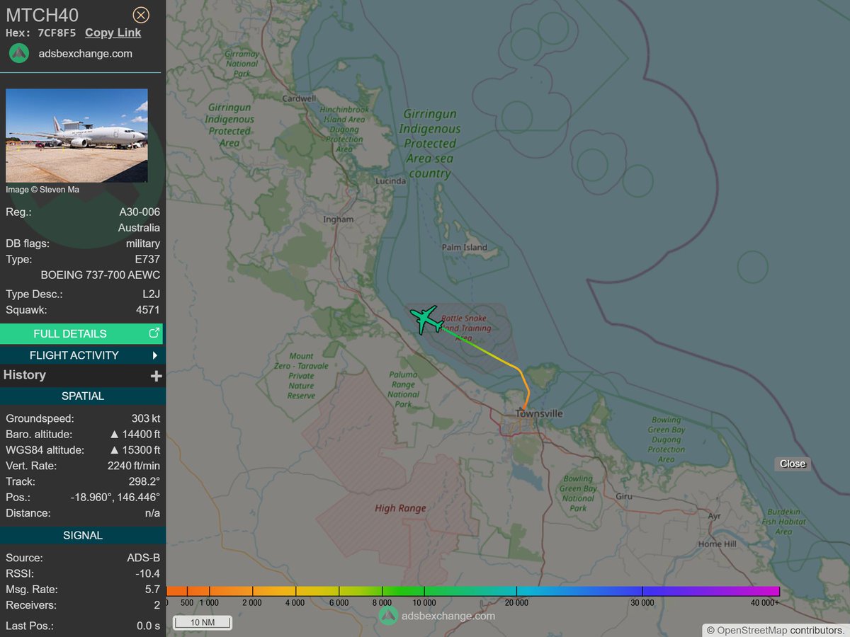 IntelskyB's tweet image. 🇦🇺 ✈️ Australia Air Force - BOEING 737-700 AEWC (7CF8F5, A30-006) MTCH40 was spotted over 🇦🇺 Coral Sea - Australia.
🔴 Live tracking:
1-global.adsbexchange.com/?icao=7CF8F5
2-flightradar24.com/7CF8F5
3-airnavradar.com/mode-s/7CF8F5
#OSINT #SIGINT #ADSB