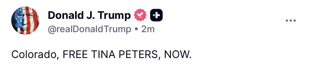 BREAKING 🚨 President Trump just called to free Tina Peters NOW. I ABSOLUTELY AGREE

GET IT DONE