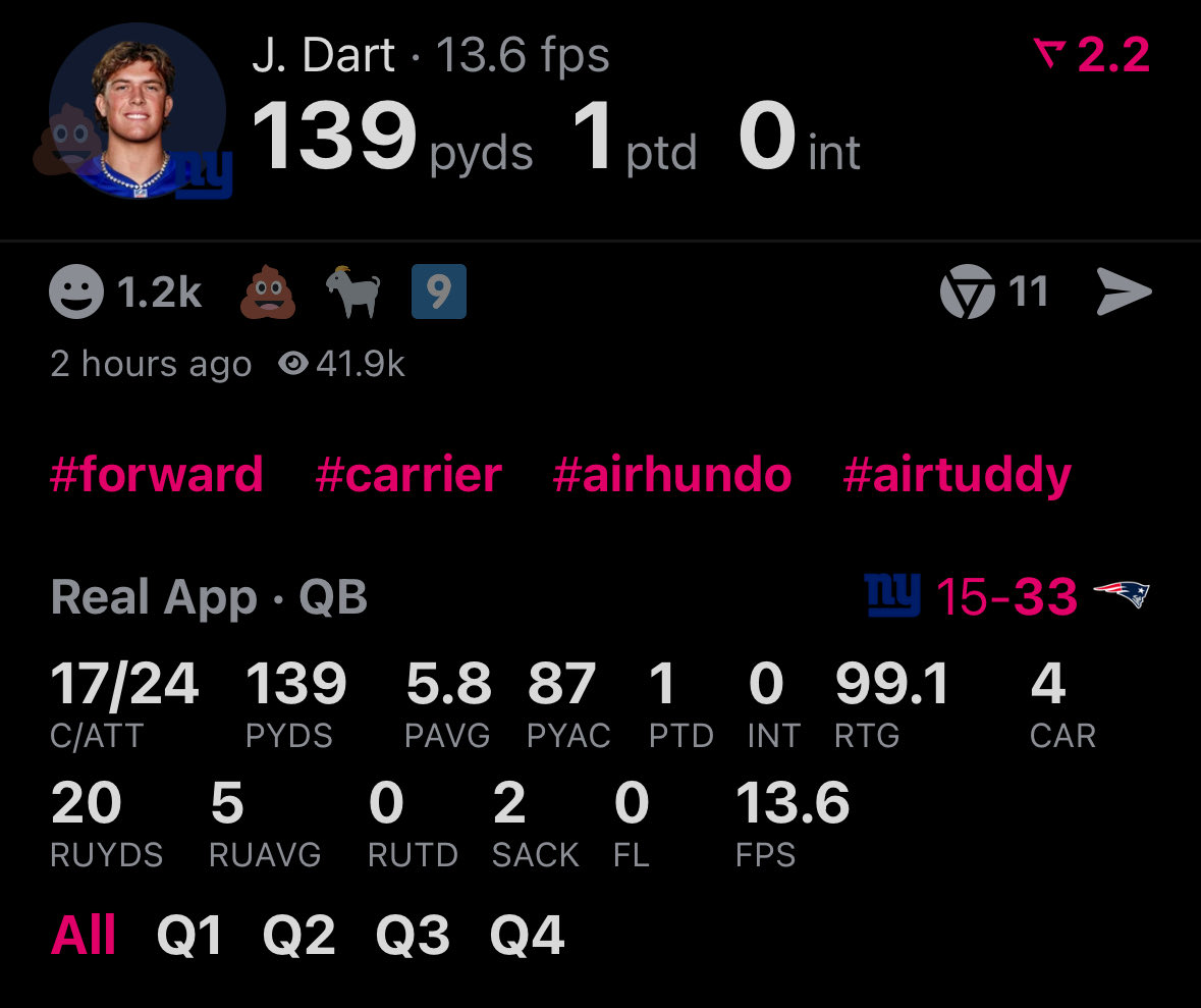QueenHer11's tweet image. Well well well…Shedeur’s stats in his 2nd start vs Dart’s stats in his 8th start….&amp;amp; Dart has more YAC with less yards. 🫣🤭🤣🤣🤣🤣🤣🤣🤣