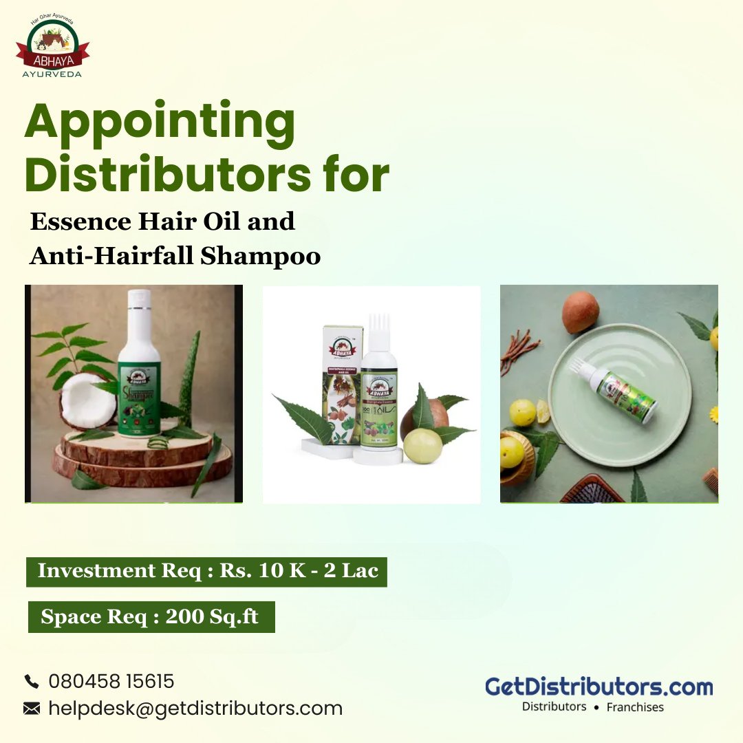 getdistributors's tweet image. Wanted #Distributors for Essence Hair Oil &amp;amp; Anti-Hairfall Shampoo.
Details 👉 getdistributors.com/tiny/MCidkHWz5b

★Investment : ₹ 10 K - 2 Lac
★Excellent ROI and high profit margin
★Complete marketing assistance

#AbhayaAyurveda #EssenceHairOil #AntiHairfallShampoo #Dealers #Wholesalers