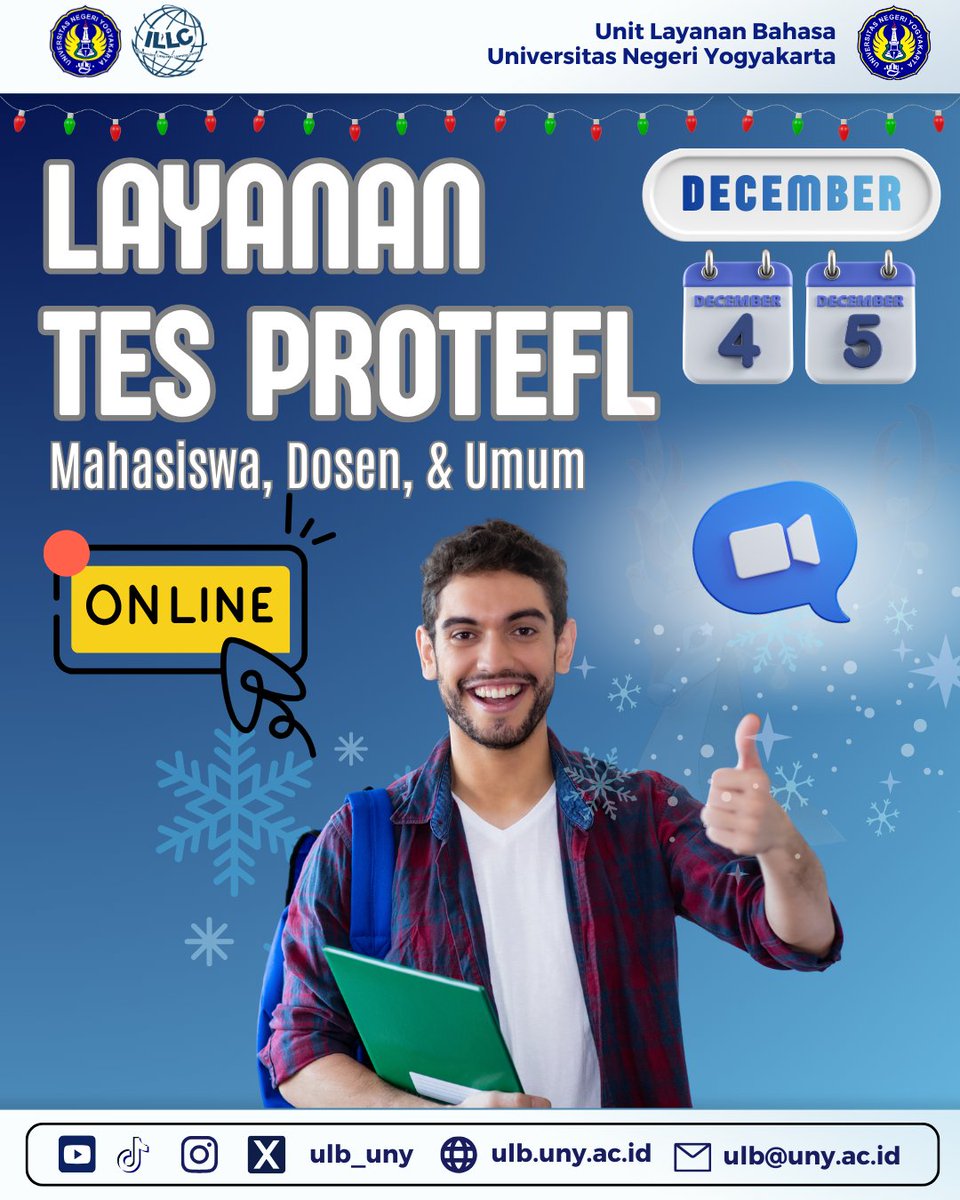 ulb_uny's tweet photo. Halo ULBuddies~

Layanan Tes ProTEFL untuk bulan Desember 2025 telah dibuka. Tes ProTEFL ini dapat diikuti oleh mahasiswa, dosen, dan masyarakat umum.

Kuota tes ini terbatas jadi segera saja untuk mendaftar dan mengamankan slot untuk tes.

#protefl #protefluny #uny #ulbuny https://t.co/dpCIpHfh36