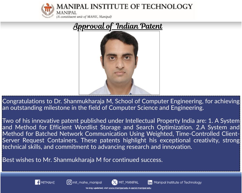 MIT_MANIPAL's tweet image. #IndianPatent #Innovation #ResearchExcellence #ComputerScience #EngineeringInnovation #TechPatents #ManipalInstituteOfTechnology #MITManipal #IntellectualProperty #AcademicAchievements #FutureOfTech #ResearchAndDevelopment #TechLeadership #PatentSuccess #MITMAHE