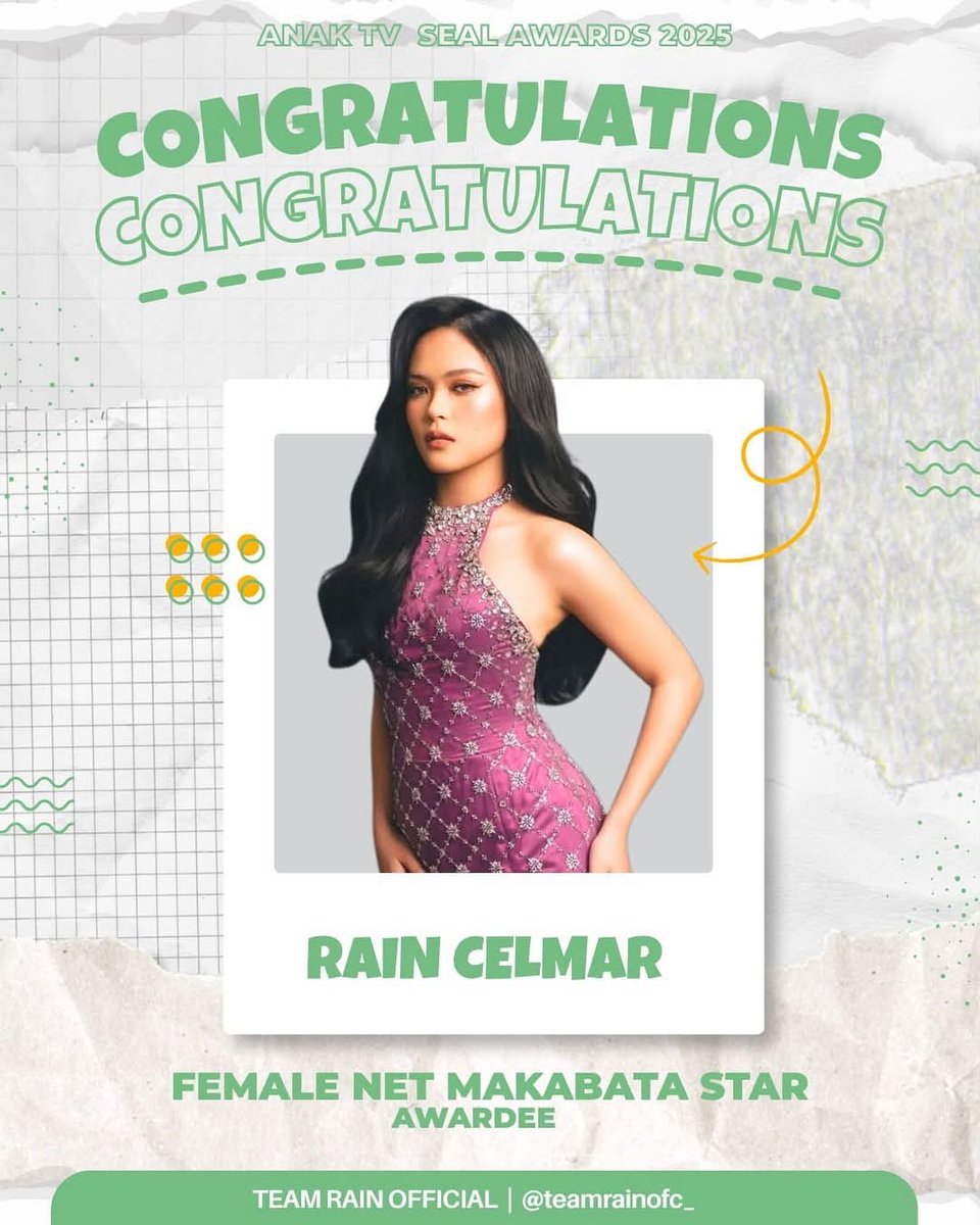 thekpop2Of's tweet photo. Congratulations, Rainah! 💚

Rain Celmar has been recognized as one of the 𝙁𝙚𝙢𝙖𝙡𝙚 𝙉𝙚𝙩 𝙈𝙖𝙠𝙖𝙗𝙖𝙩𝙖 𝘼𝙬𝙖𝙧𝙙 at the 𝘈𝘯𝘢𝘬 𝘛𝘝 𝘚𝘦𝘢𝘭 𝘈𝘸𝘢𝘳𝘥𝘴 2025! ⭐️

We’re so proud of you, Rainah! 💚✨

#RainCelmar @rainraincelmar https://t.co/qVl9AMlk3a