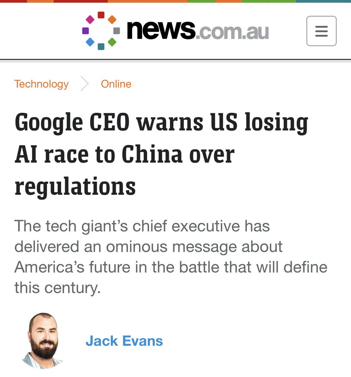 VraserX's tweet image. Google’s CEO is sounding an alarm: the United States is losing the AI race to China, not because of talent or technology, but because of regulation that looks like a patchwork quilt stitched by fifty different legislatures.

Sundar Pichai points to more than a thousand…