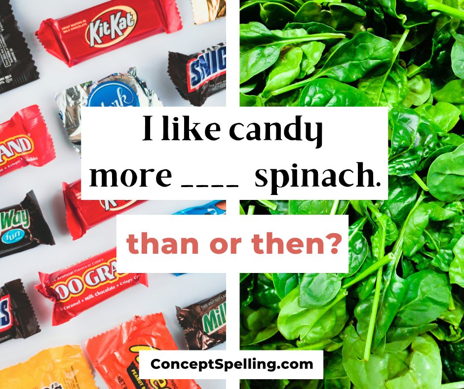 ConceptSpelling's tweet image. I like candy more _____ spinach.

than or then?

#LearnEnglish #Spelling #EnglishLearning #WordGames #Homeschooling
