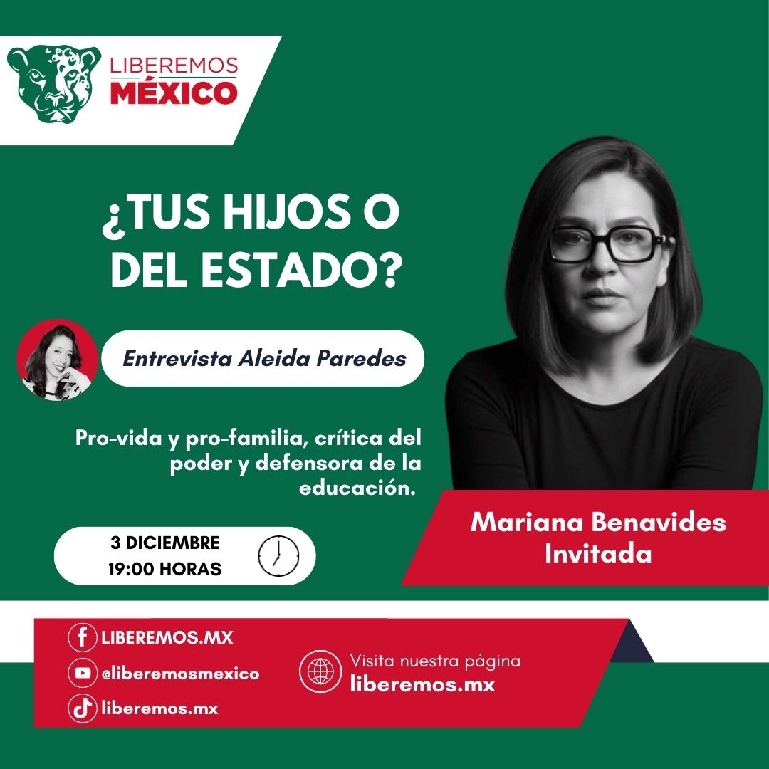 Mesa de análisis: ¿Tus hijos o del Estado?
Invitada: <a href="/marianabtch/">Mariana Benavides</a>  investigadora educativa pro vida y pro familia.
Entrevistadora: <a href="/Aleida_paredesg/">Aleida Paredes 🇲🇽</a>  comunicadora, docente 
-Miércoles 3 de diciembre 2025
- 19:00 hrs (CdMx)
- Transmisión por YouTube, TikTok &amp; Fb

#CambioDeSistema
