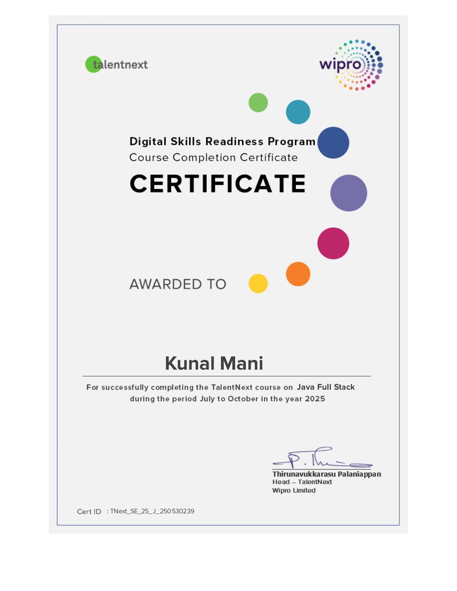 KunalMani161181's tweet image. Thanks to Wipro for providing a Certificate in Java Full Stack Development.