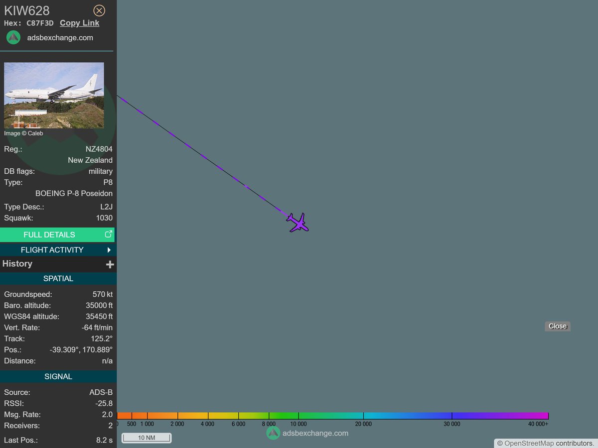 IntelskyB's tweet image. 🇳🇿 ✈️ New Zealand Air Force - BOEING P-8 Poseidon (C87F3D, NZ4804) KIW628 was spotted over Tasman Sea.
🔴 Live tracking:
1-global.adsbexchange.com/?icao=C87F3D
2-flightradar24.com/C87F3D
3-airnavradar.com/mode-s/C87F3D
#OSINT #SIGINT #ADSB