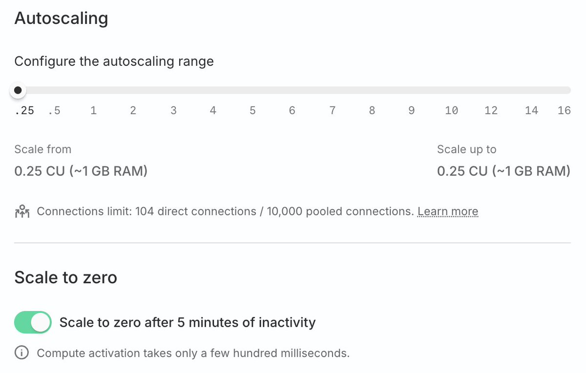 有個過於離譜的細節,Neon 對新建立的項目預設1-8 CU,而計費公式是:帳單= CU * 時間。也就是說,對於測試項目或剛啟動的項目,1-8 完全是在浪費錢。
我做了幾個優化測試,再跑一個月看看:
- 把不重要的資料庫最大CU 調到