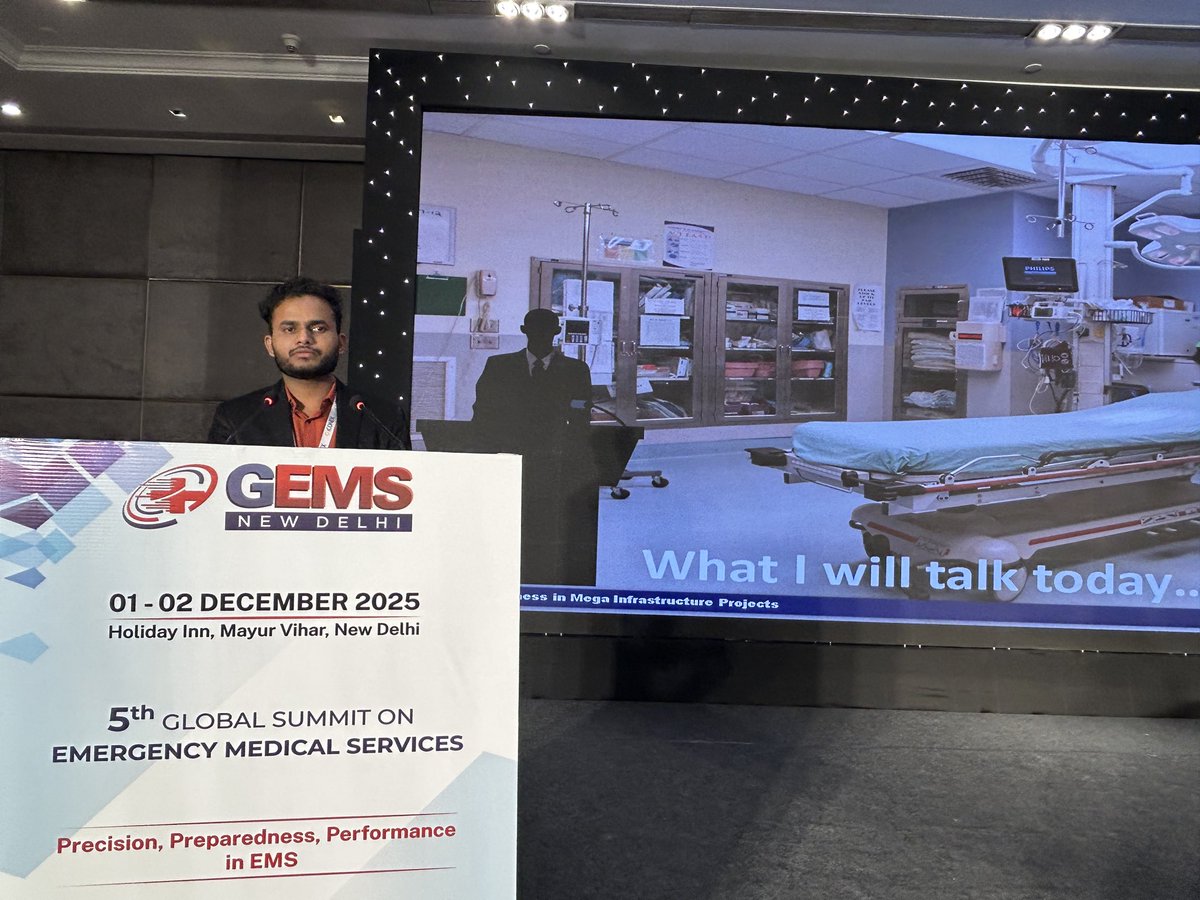GlobalEMS217675's tweet photo. #GEMS2025 Technical Presentation 6

session on “EMS Preparedness in Mega Infrastructure Projects”, highlighting strategies for managing emergencies in high-risk environments such as tunnels, metros, and airports.

Speaker: Dr Mallikarjun Hiremath https://t.co/DsLsboxAZi